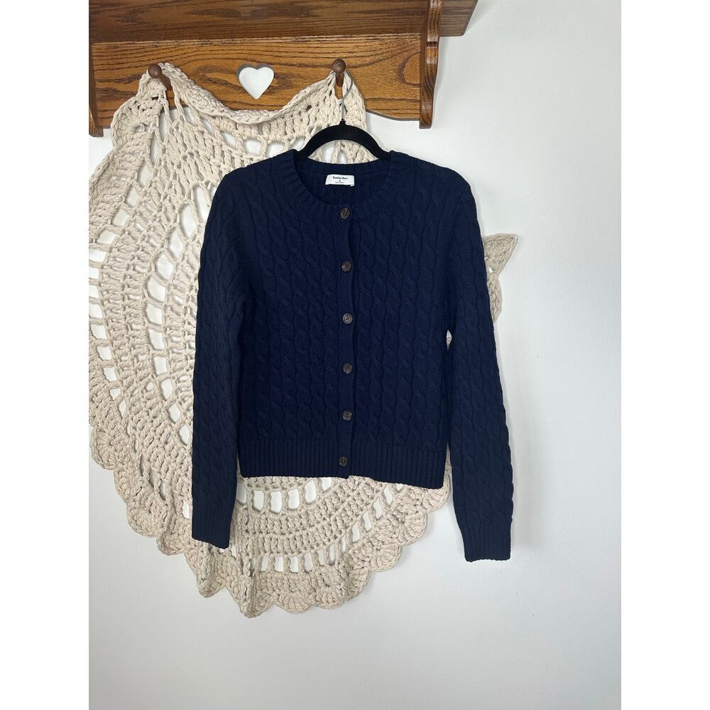 Aritzia Sunday Best Taylor Navy Blue Cable Knit Wool Blend Cardigan Sweater M